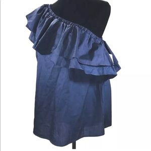 Navy Blue One Shoulder Double Ruffle Top